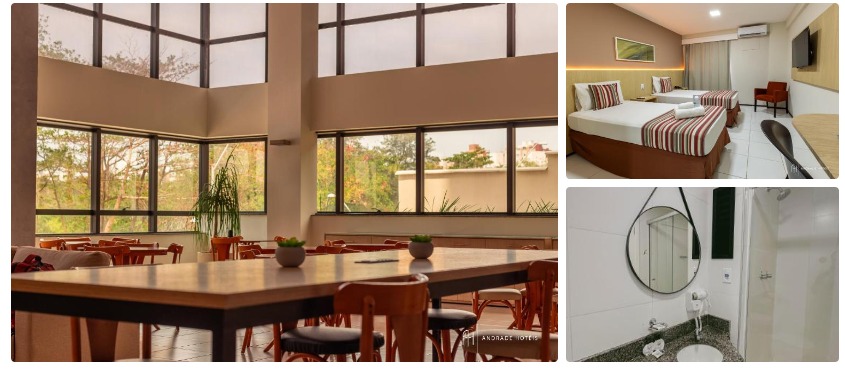Montagem com salão de refeições, quarto e banheiro da Rede Andrade SLZ